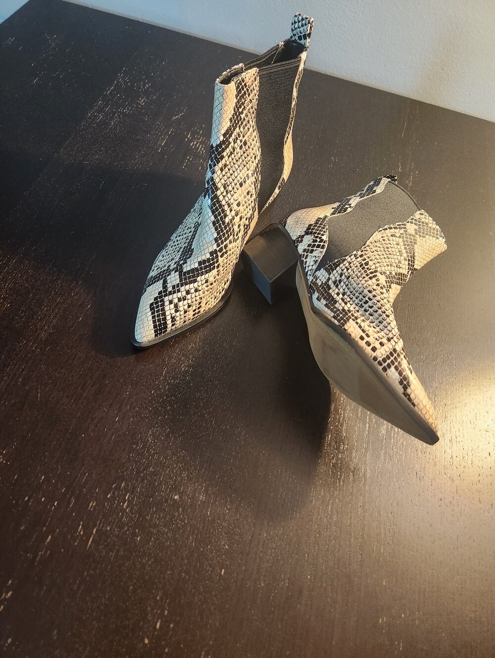Lina Paolo Snake-Print Pointed Toe Chelsea Boot - Black & Cream. New W/O box